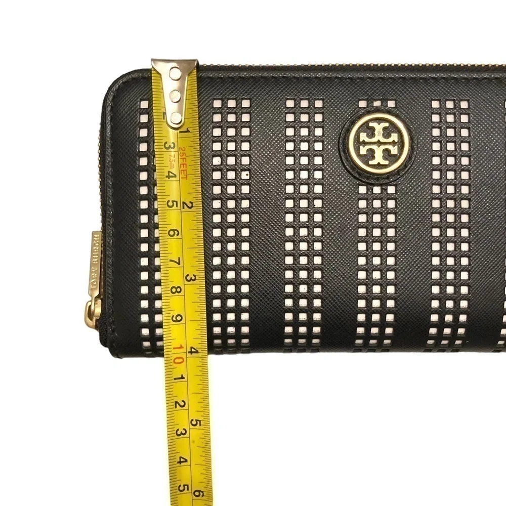 Tory Burch Robinson perforated black saffiano leather zipper clutch wallet